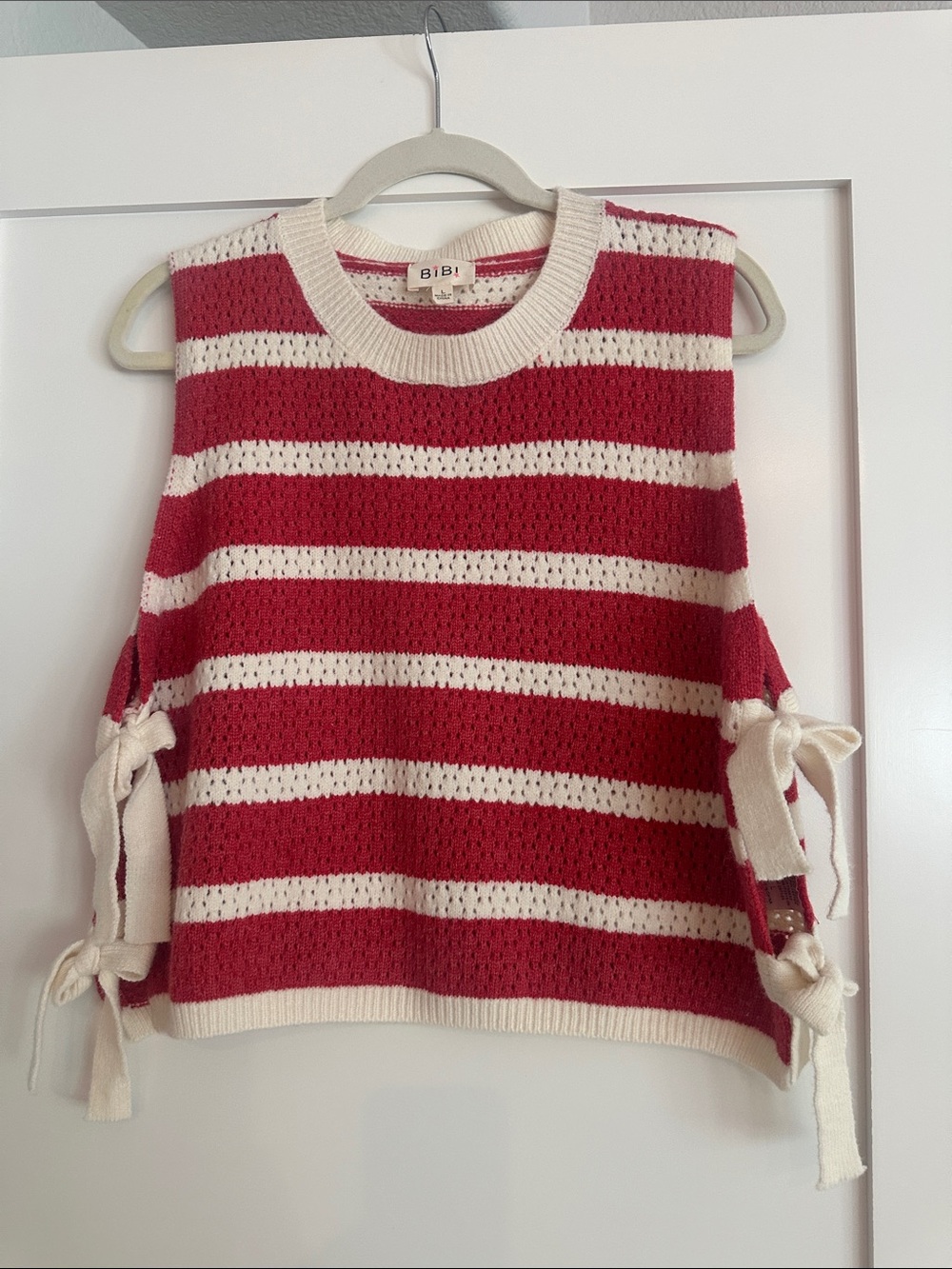 BiBi Red & Cream Striped Knit Sleeveless Sweater with Side Ties